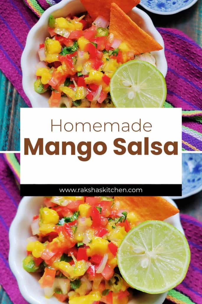 Overhead shot of mango salsa ingredients – mango, tomato, onion, jalapeño, lemon, and herbs