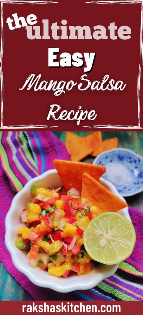 Vibrant mango salsa in a white bowl, showing chopped mango, red bell pepper, and herbs.