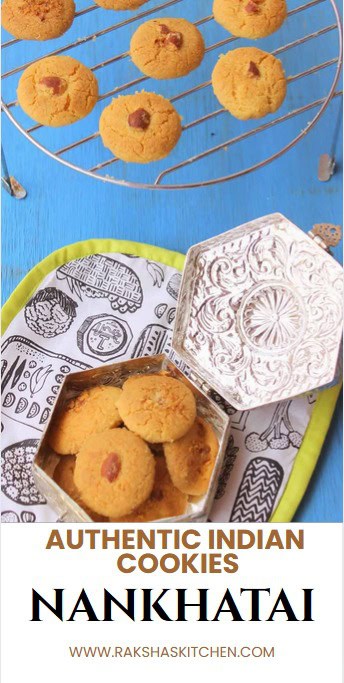 Golden brown Indian Nankhatai cookies served on a white plate with a cup of tea.