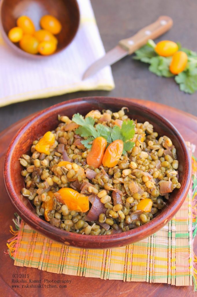 sprouted green gram stir fry with cherry tomato