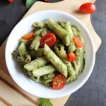 Pesto pasta with mushrooms and cherry tomatoes