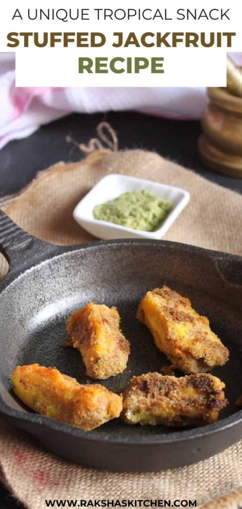 Golden brown stuffed jackfruit frying on a griddle