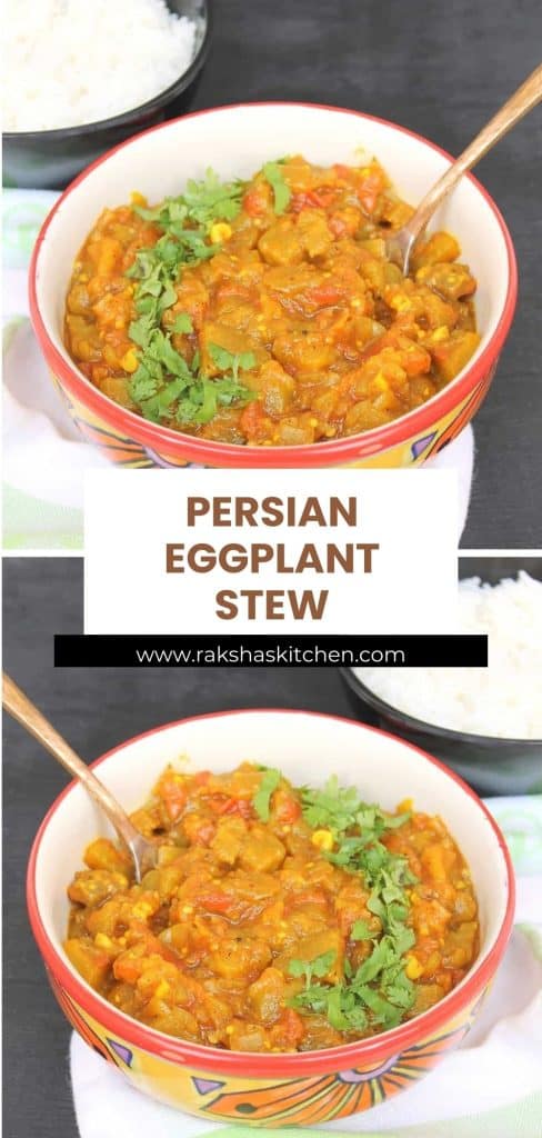 Aromatic Persian Eggplant Stew (Khoresht Bademjan) made with tomatoes, spices, and sautéed eggplant. This classic Iranian stew is served with rice and is completely plant-based! Save this easy vegan Persian dinner idea for later!