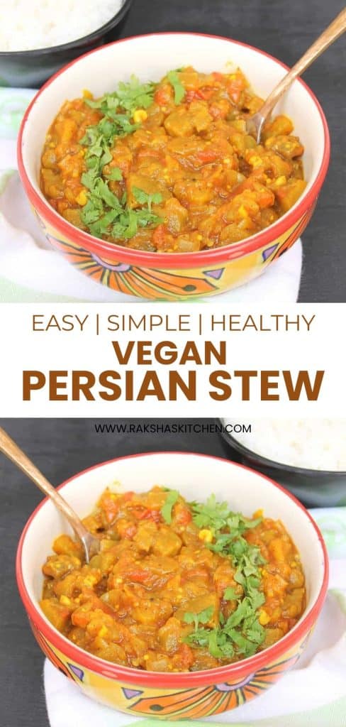 Aromatic Persian Eggplant Stew (Khoresht Bademjan) made with tomatoes, spices, and sautéed eggplant. This classic Iranian stew is served with rice and is completely plant-based! Save this easy vegan Persian dinner idea for later!