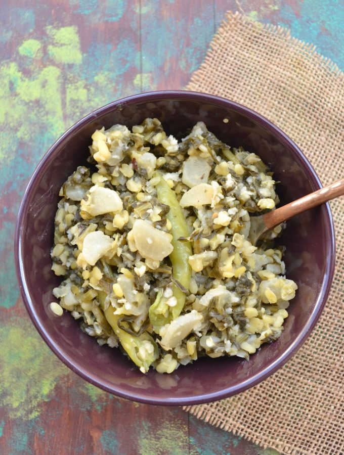 radish recipes, No onion no garlic radish subzi, radish greens subzi, radish and moong dal subzi