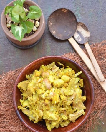 Raw jackfruit sushel recipe served in a bowl, traditional Goan subzi