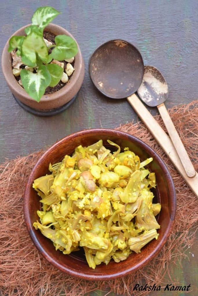 Raw jackfruit sushel recipe served in a bowl, traditional Goan subzi