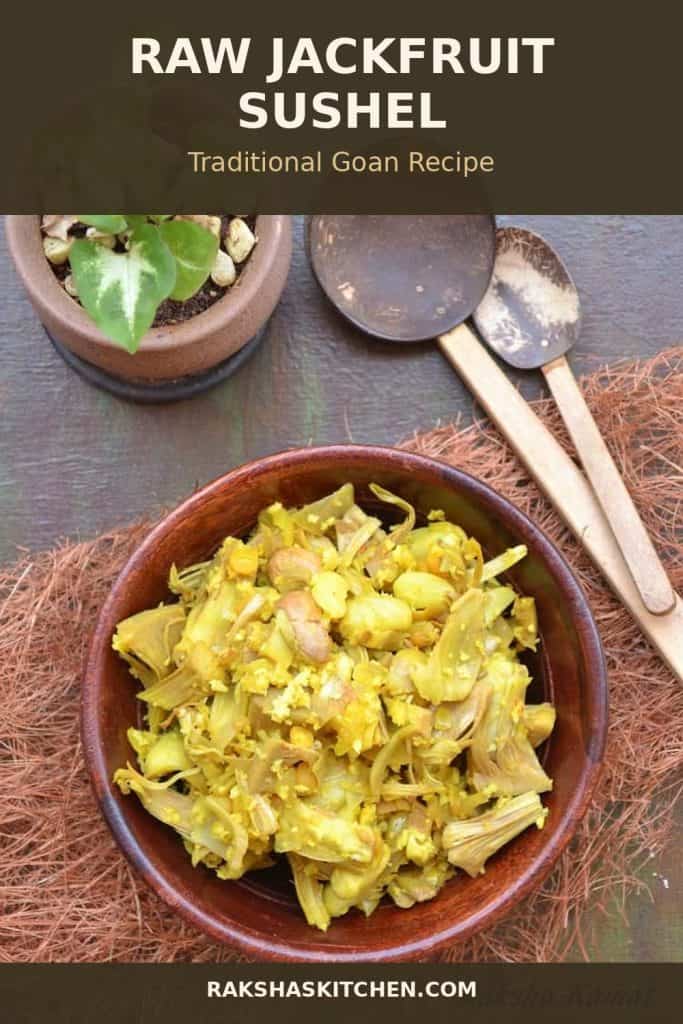 Raw jackfruit sushel served in a wooden bowl, traditional Goan recipe with coconut chutney