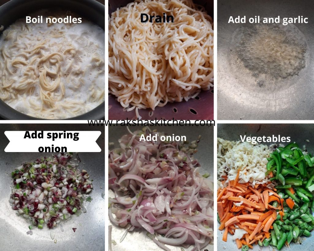 Stepby step pictures to make prawns schezwan noodles