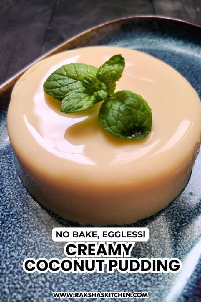 Chilled tender coconut pudding in a ramekin garnished with mint leaves.