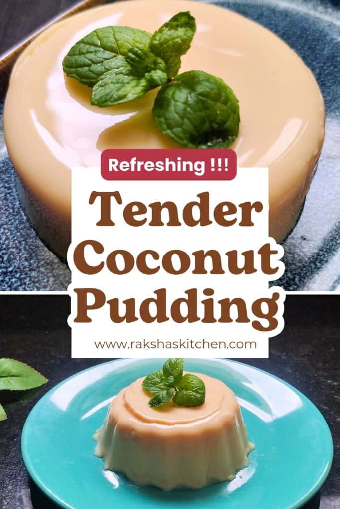 Homemade tender coconut pudding topped with mint and coconut chunks.