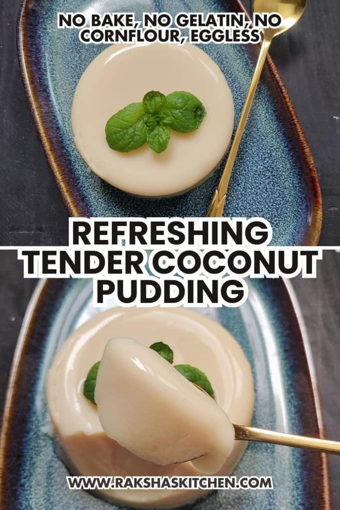Set coconut pudding on a plate inverted from ramekin, garnished with mint.