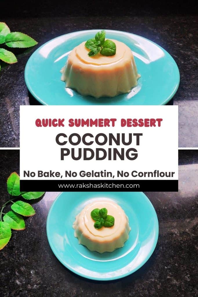 Coconut pudding with fresh coconut pulp and mint garnish.