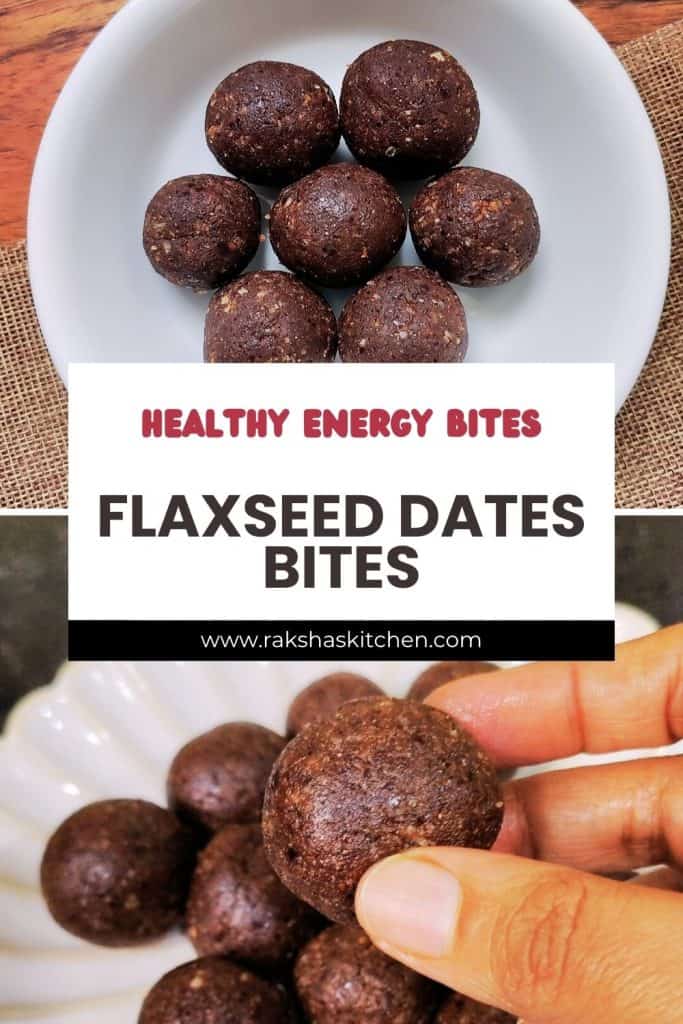 Healthy dates energy balls with flax seeds and coconut, rolled into bite-sized ladoos.