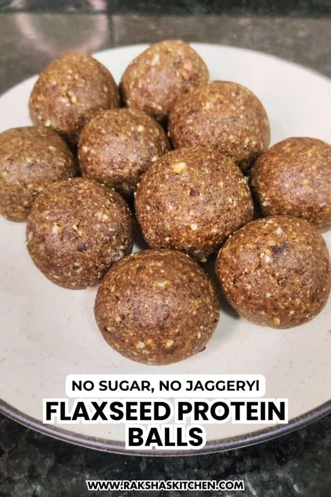 Dates and flaxseed ladoos stacked in a jar, ready for storage.