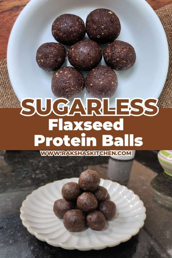 Close-up of flaxseed energy balls made with dates and coconut, served as a healthy protein snack.