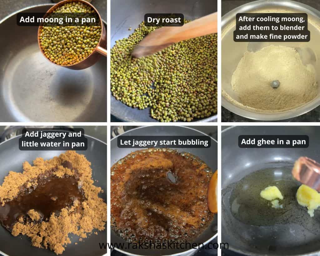 Ingredients for moong dal ladoo including whole moong, jaggery, ghee, cardamom, cashews and almonds